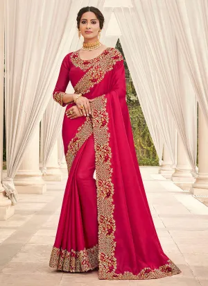 Rich Pink Embroidered Designer Silk Saree