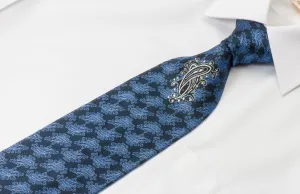 Smalto Silk Necktie Paisley Motif Design On Blue With Rhinestones