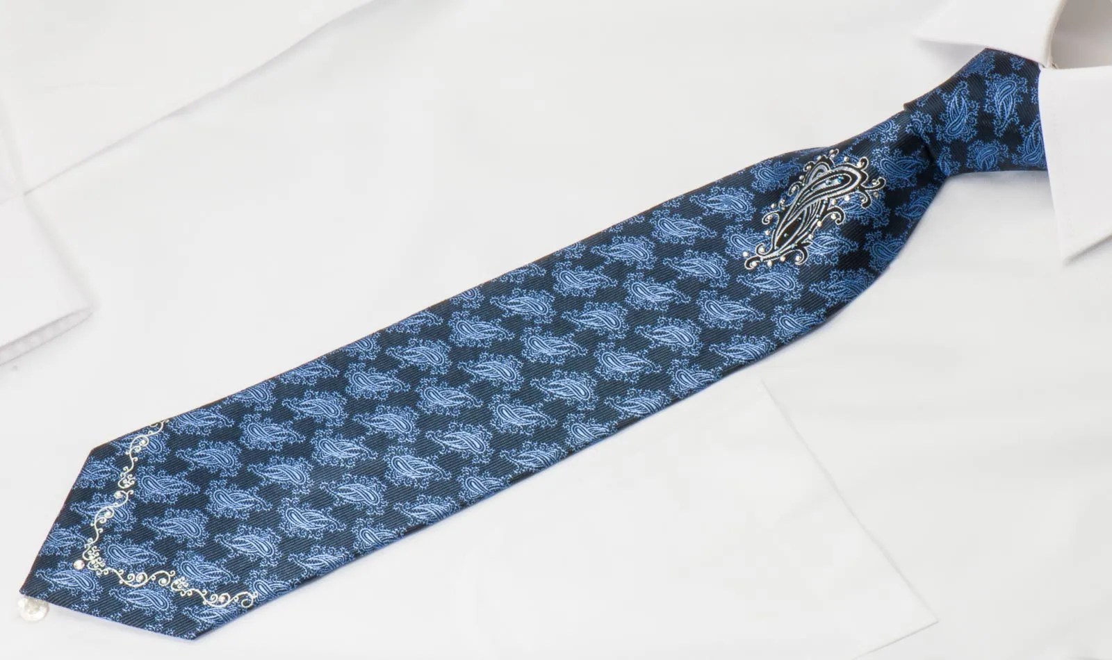 Smalto Silk Necktie Paisley Motif Design On Blue With Rhinestones