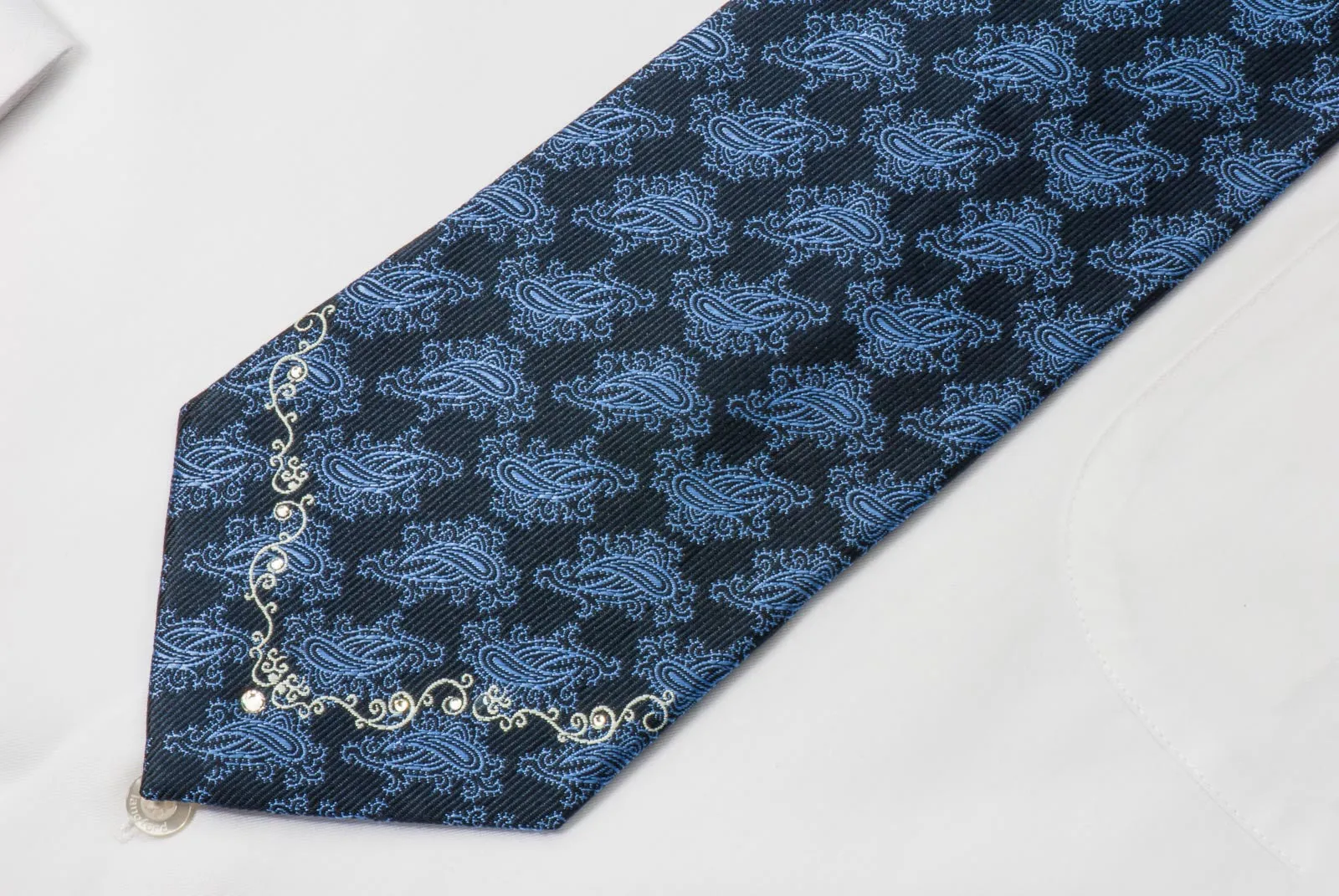 Smalto Silk Necktie Paisley Motif Design On Blue With Rhinestones