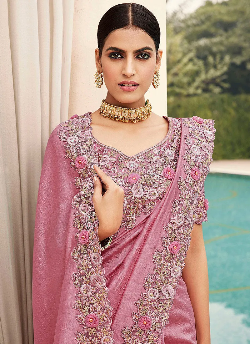 Soft Pink Embroidered Designer Silk Saree