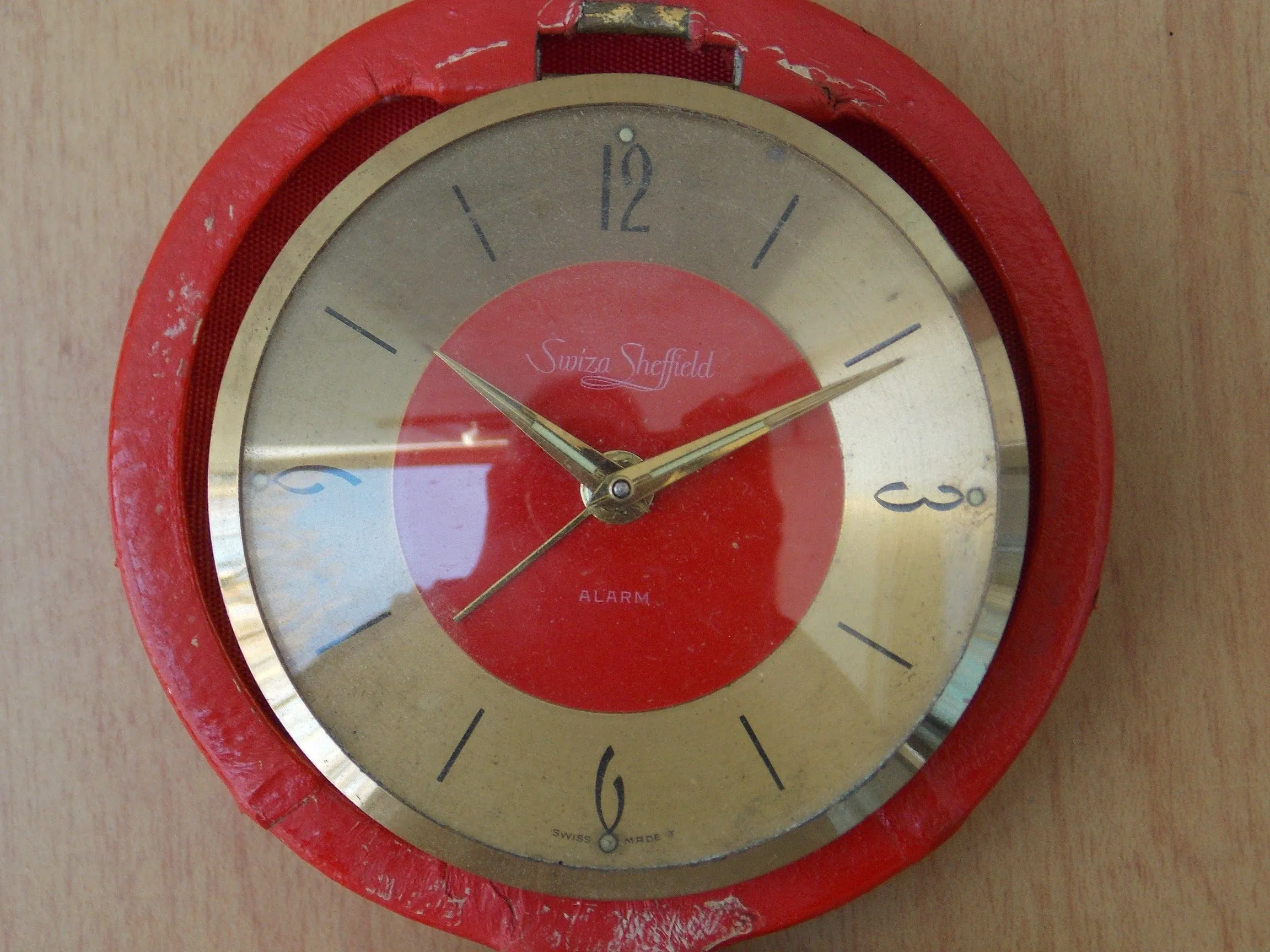 Swiza Sheifield Brass Red Leather Round Travel Clock, Wind Up