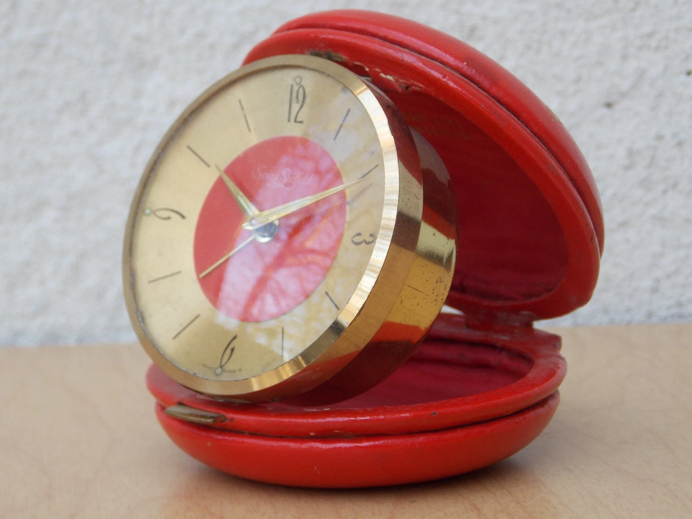 Swiza Sheifield Brass Red Leather Round Travel Clock, Wind Up