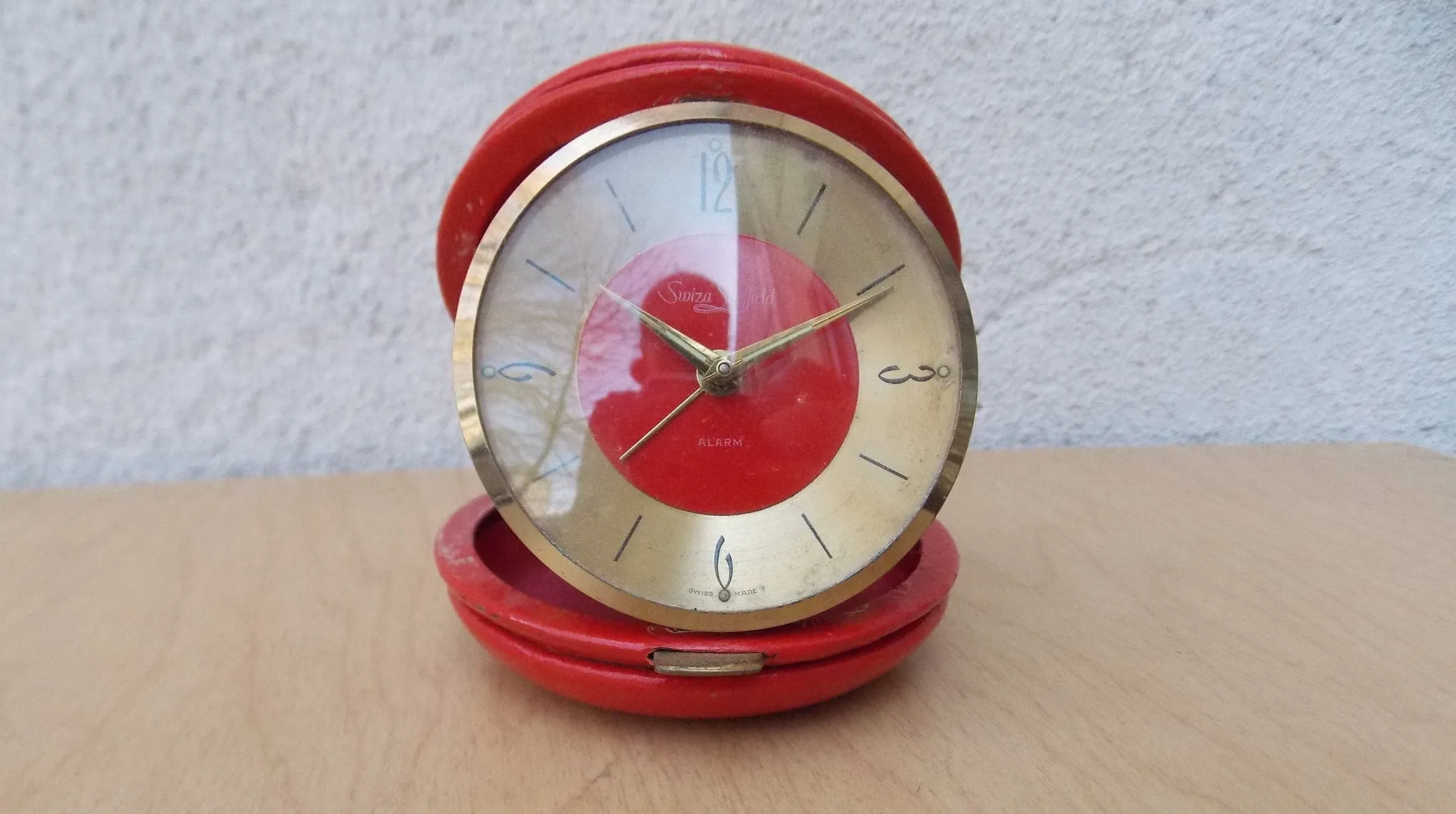 Swiza Sheifield Brass Red Leather Round Travel Clock, Wind Up