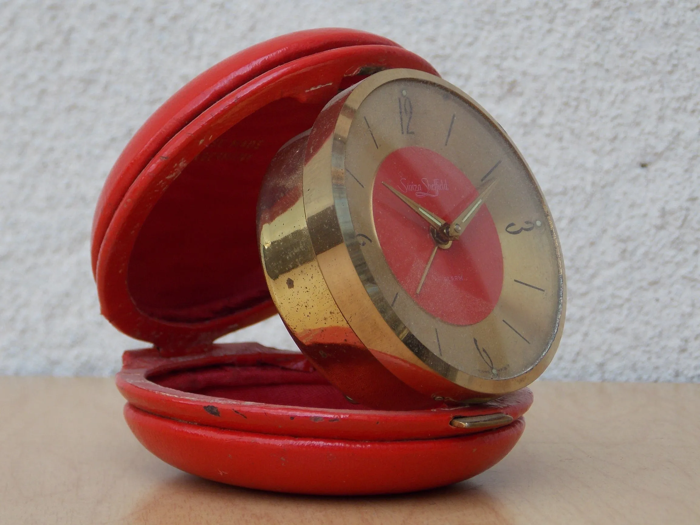 Swiza Sheifield Brass Red Leather Round Travel Clock, Wind Up