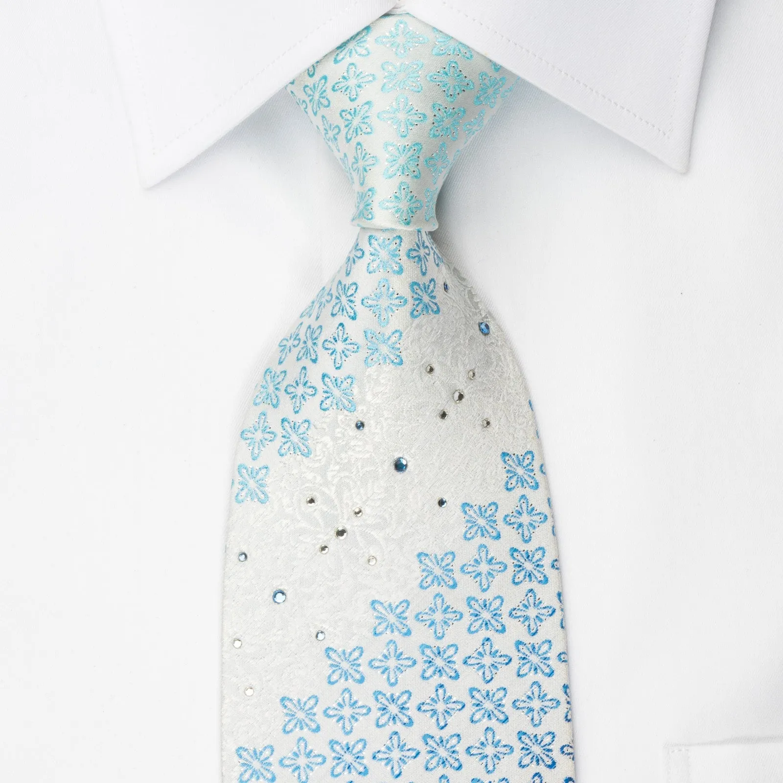 Town Gent Rhinestone Necktie Blue Foulard On White With Silver Sparkles