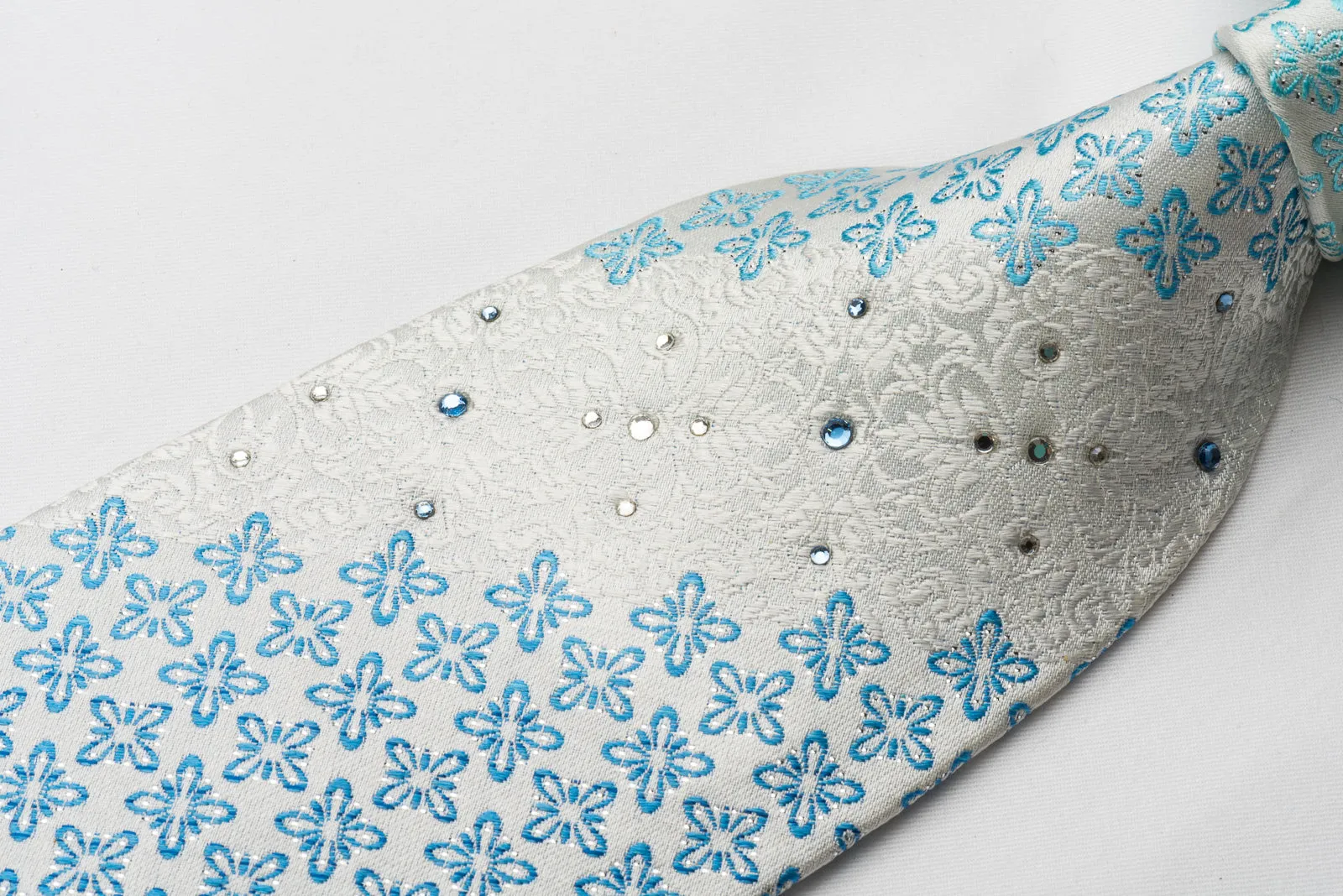 Town Gent Rhinestone Necktie Blue Foulard On White With Silver Sparkles