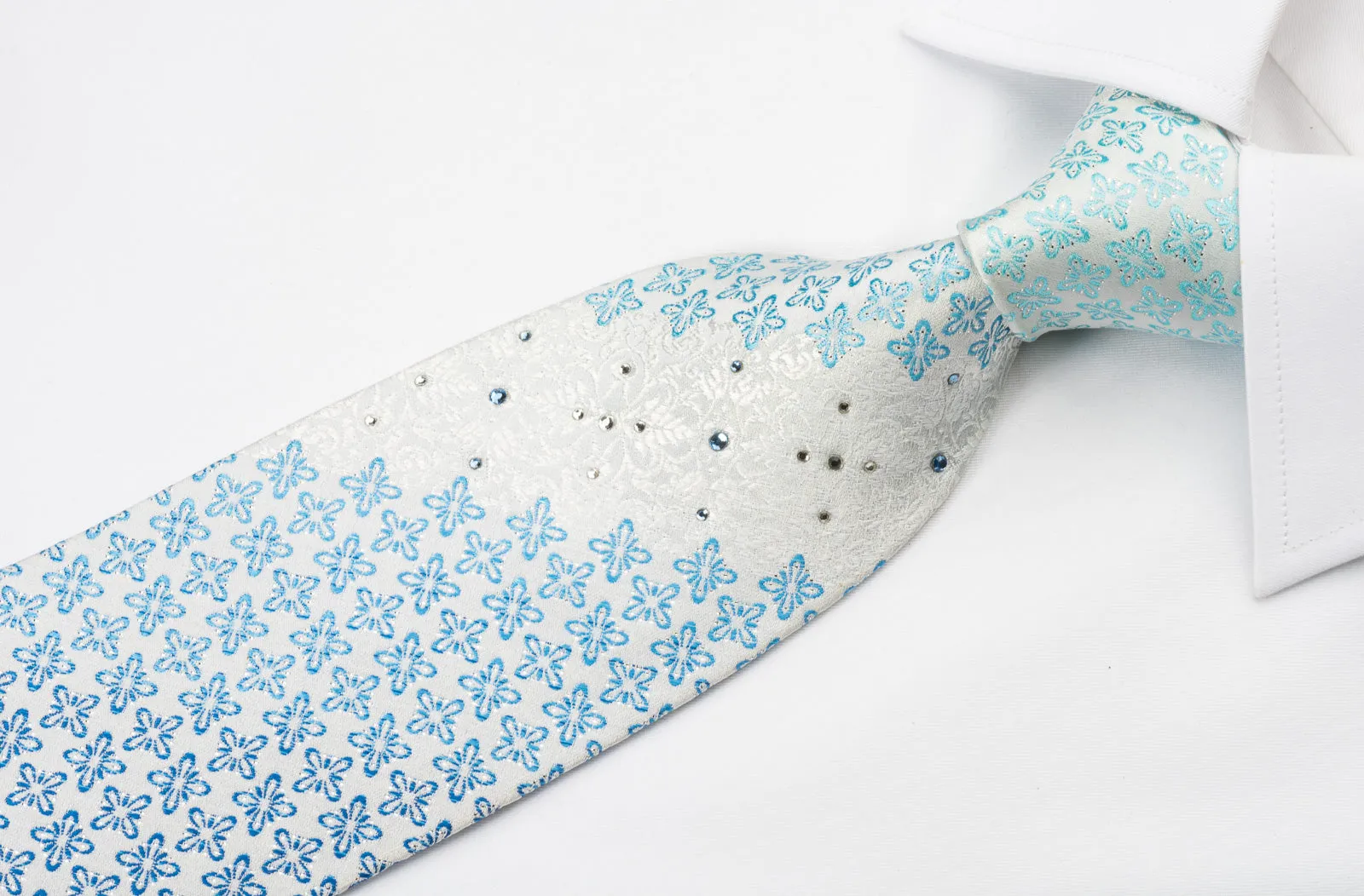 Town Gent Rhinestone Necktie Blue Foulard On White With Silver Sparkles