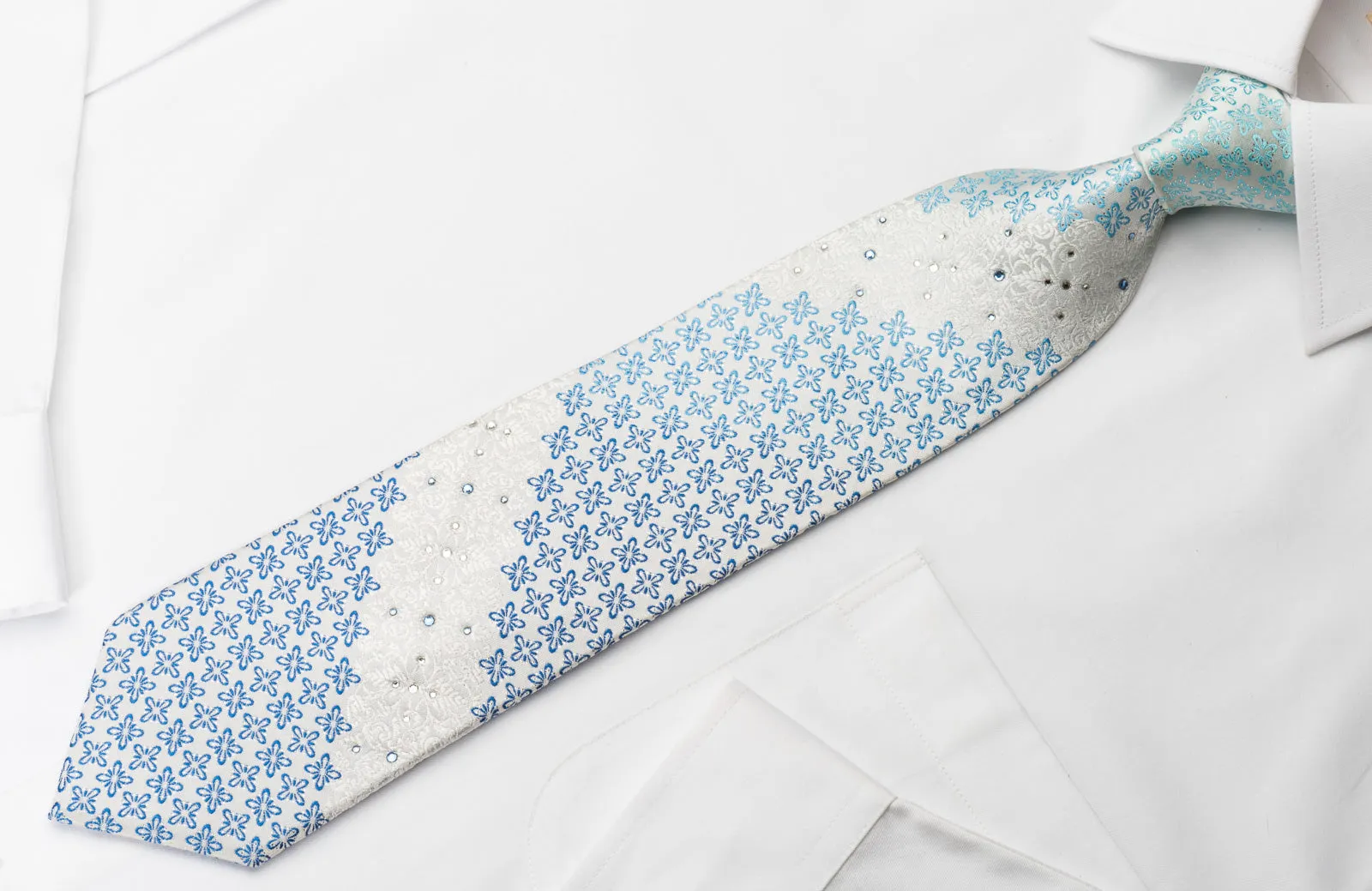 Town Gent Rhinestone Necktie Blue Foulard On White With Silver Sparkles