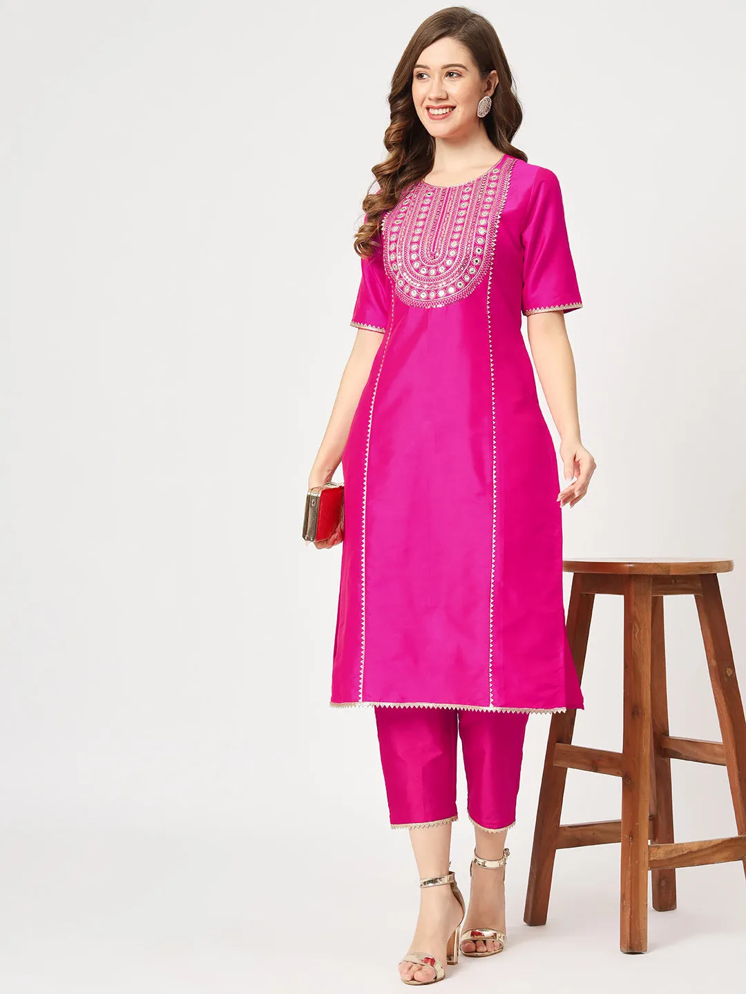 U-Shape Embroidered Neck Festive Wear Kurta