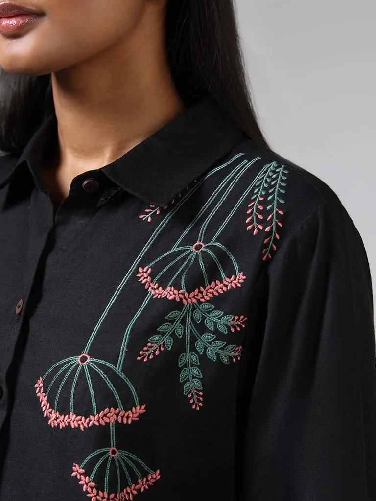 Utsa Black Floral Embroidered Cotton Blend Tunic