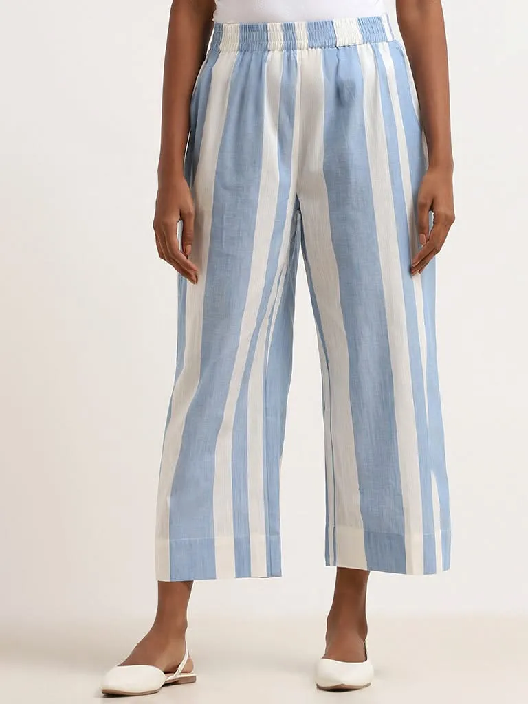 Utsa Blue Striped Cotton Straight-Fit Pants