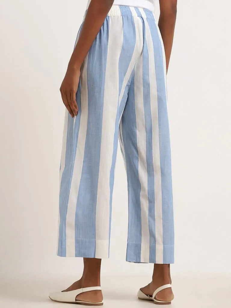 Utsa Blue Striped Cotton Straight-Fit Pants