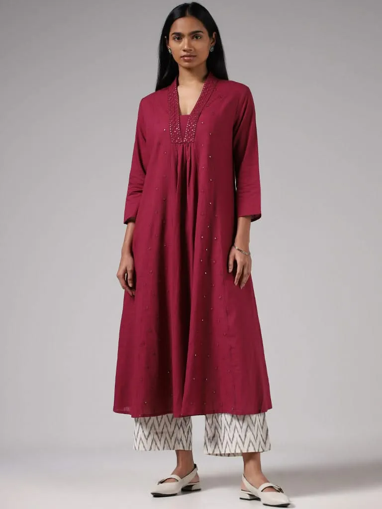 Utsa Magenta Mirror Embroidered Cotton Kurta