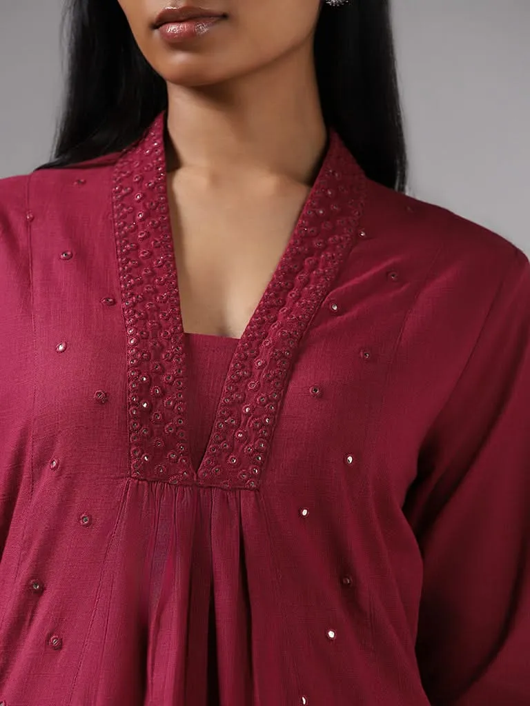 Utsa Magenta Mirror Embroidered Cotton Kurta