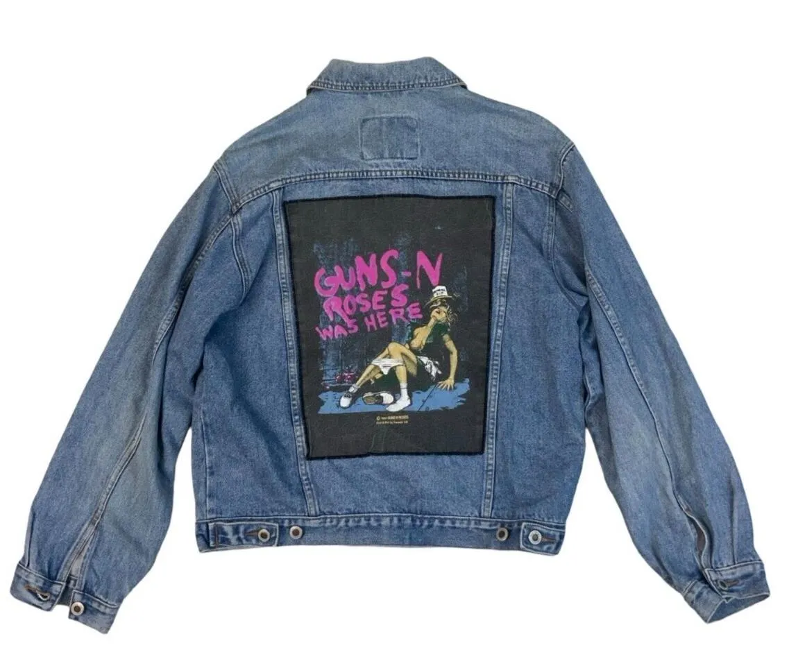 V RARE VTG 1987 GUNS N ROSES WAS HERE BANNED TRONSEAL BACK PATCH DENIM JACKET M