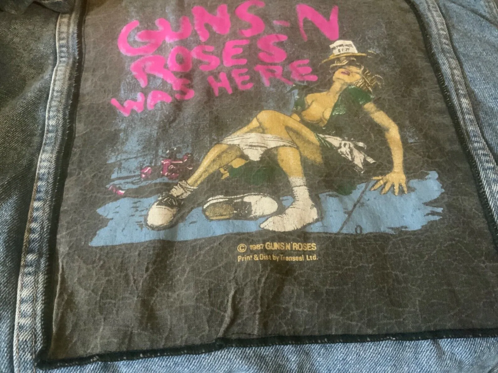 V RARE VTG 1987 GUNS N ROSES WAS HERE BANNED TRONSEAL BACK PATCH DENIM JACKET M