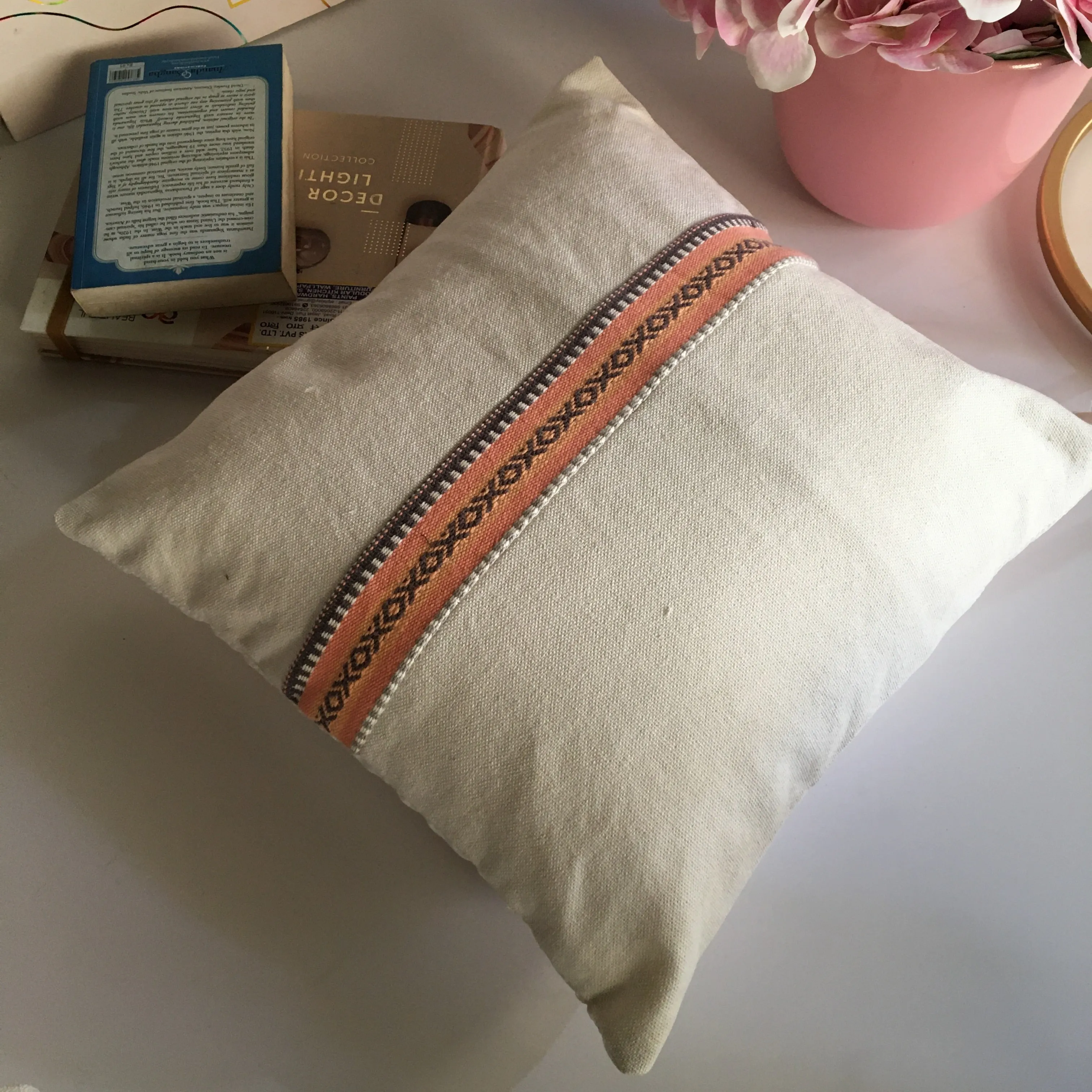 White Base With Multicolor Patch Stripe Cotton Cushion Cover for Sofa 1Pc