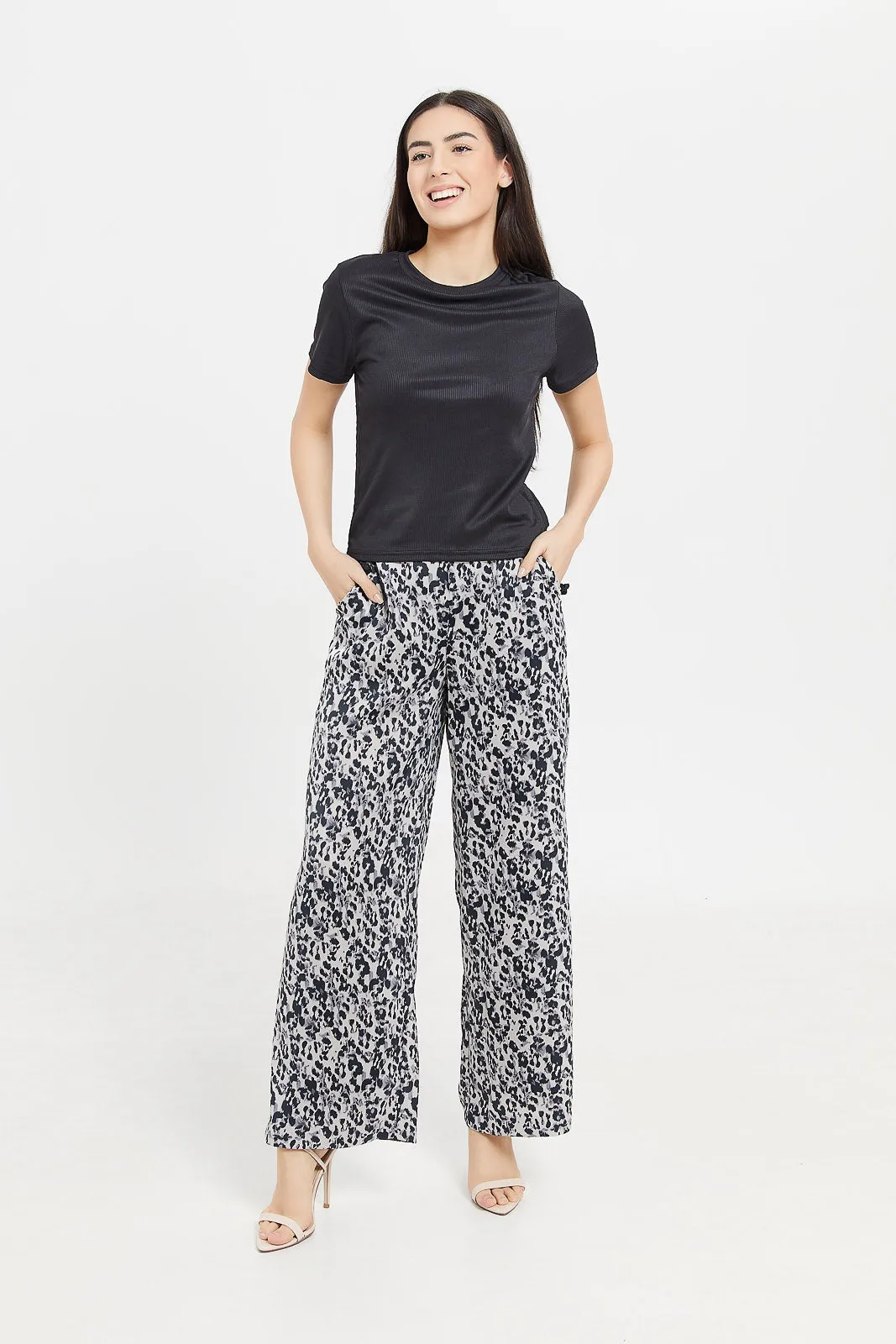 Women Black Satin Printed Wide Leg Trouser