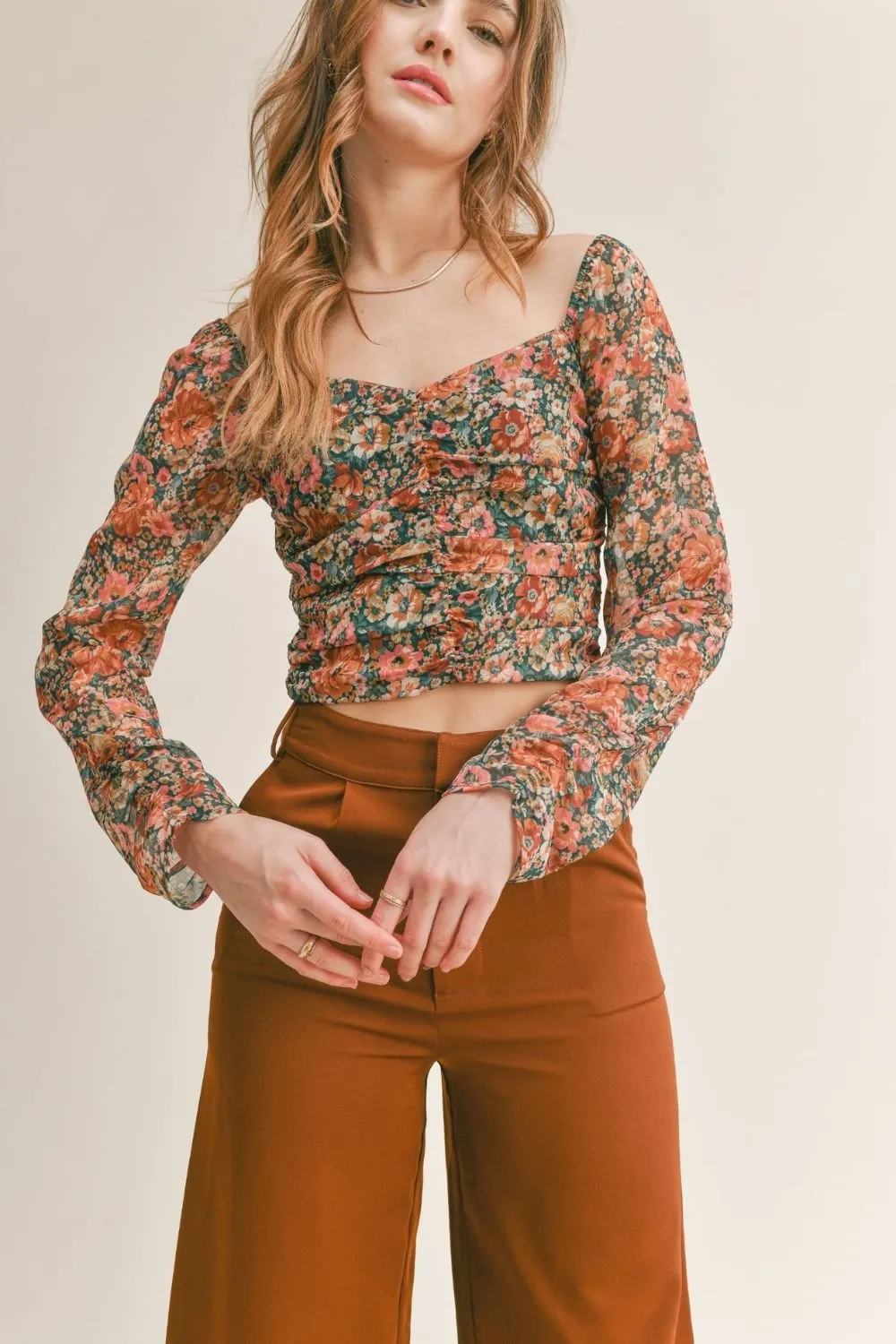 Women's Feminine Floral Top | Sheer Sleeves | Green Multi