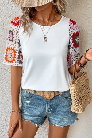 Women's Floral Crochet Short Sleeve Crew Neck Top